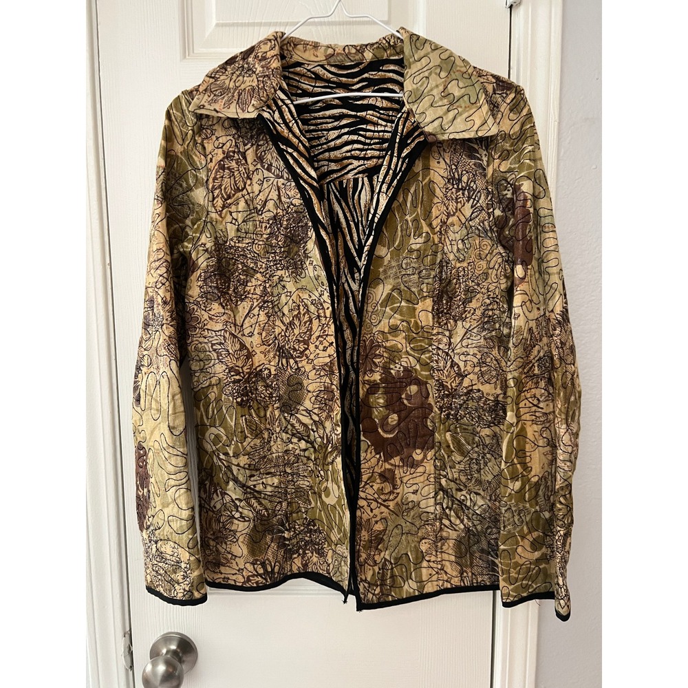 Boho Floral Quilted Jacket Womens Large Earth Tones Artsy Botanical Print Brown
